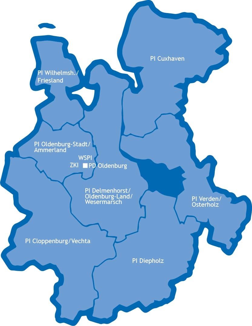 Karte der Zuständigkeitsbereiche der einzelnen Polizeiinspektionen innerhalb der Polizeidirektion Oldenburg